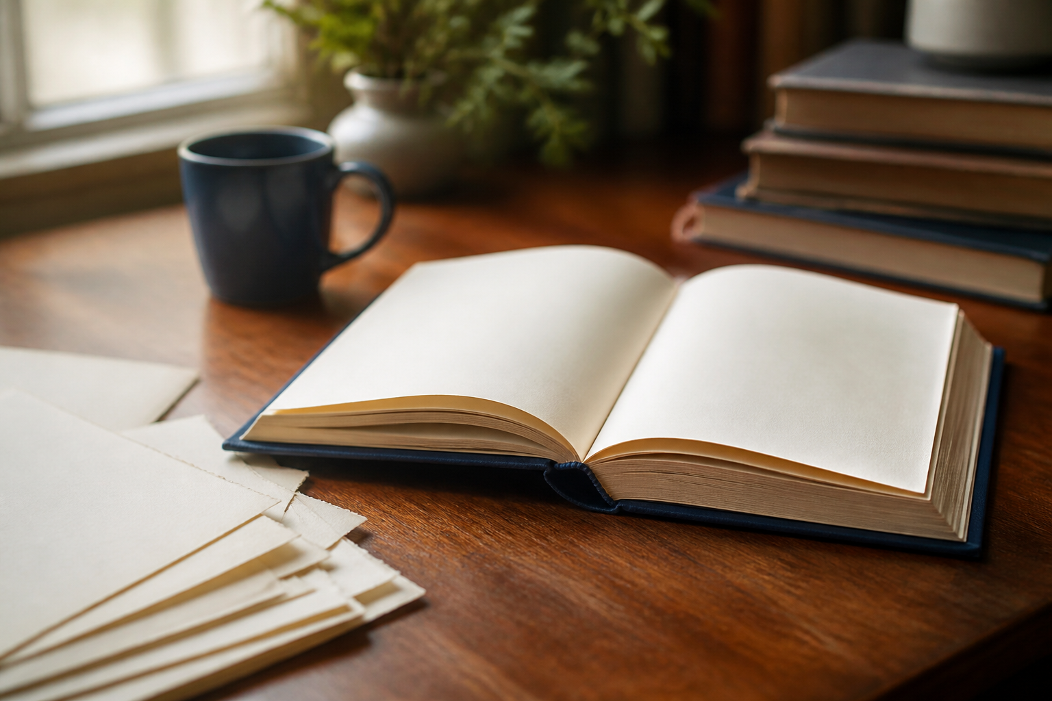 Open book and manuscript pages on a desk