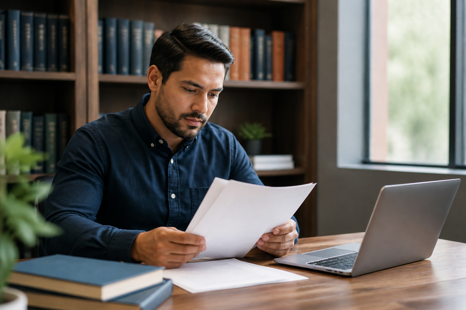 Author reviewing a manuscript at a desk